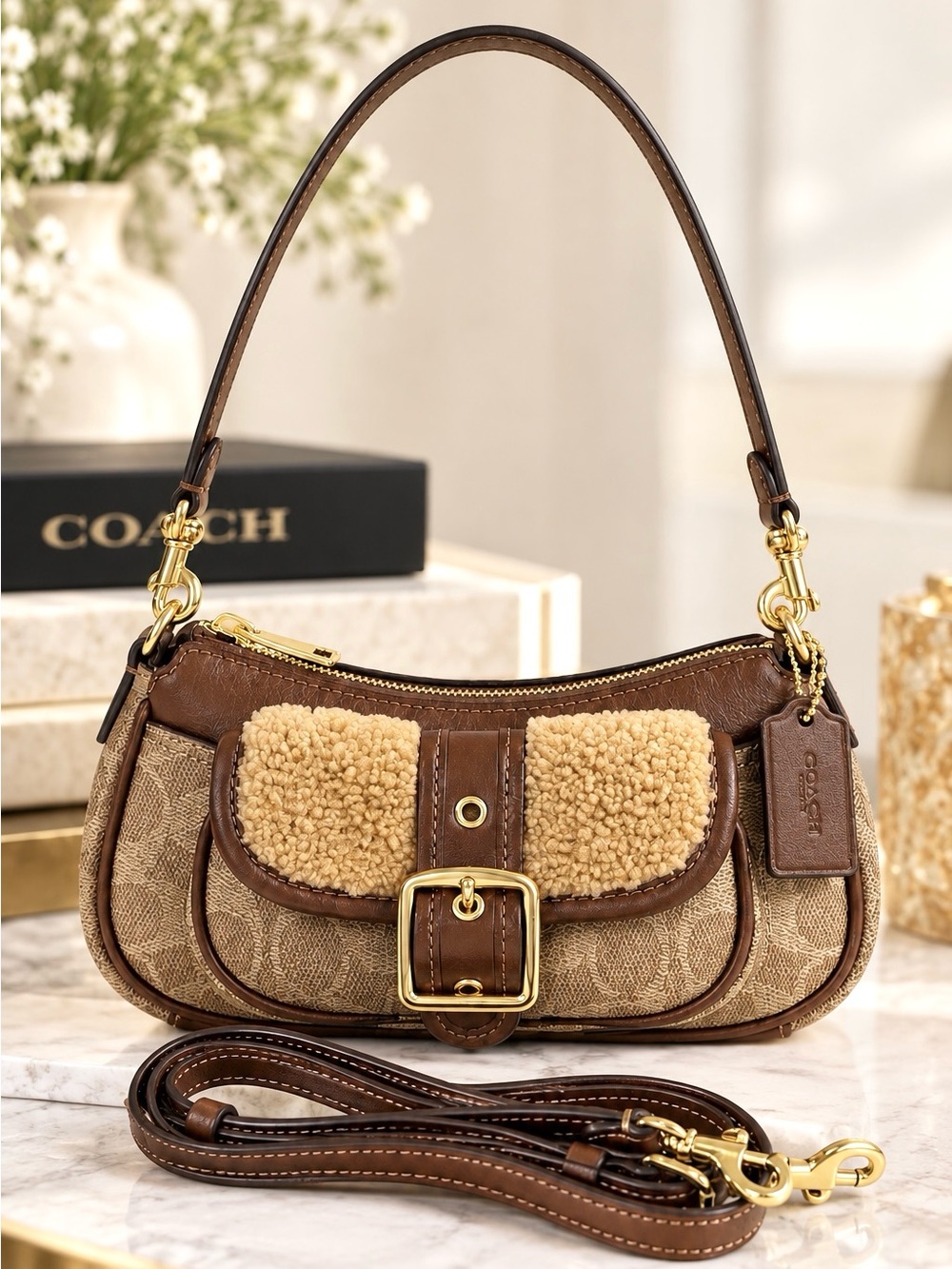 Coach Ashton Mini Shoulder Bag CDB13 Signature Canvas Shearling Vintage Brown